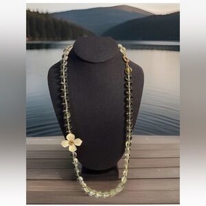 J. Crew Clear Pale Green Glass Bead Necklace with Cream Enamel Flower 28”